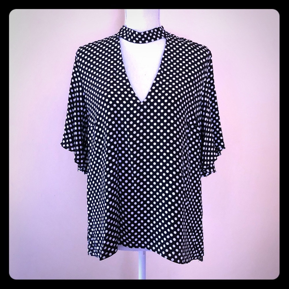 Zara Black and White Polka Dot Keyhole Blouse